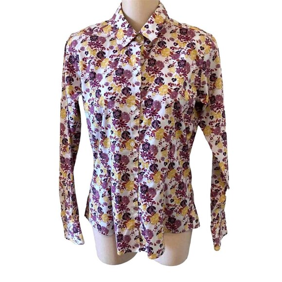 Eddie Bauer Floral Blouse Fuchsia Yellow Gold Plum White Womens XS Button L/S - Picture 1 of 6